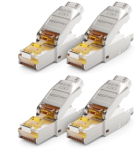 deleyCON 4x CAT 7 Conector de Red RJ45 Sin Herramientas Apantallado Enchufe de Red 10 Gbit/s 600 MHz Para Cable de Conexión Rígido Cable en Crudo Conector de Enchufe RJ45 Ethernet Cable de Parcheo