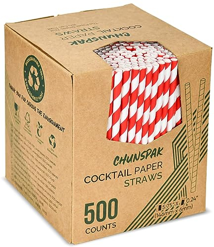 [500 Counts] Chunspak 5.75 inch Disposable Red White Striped Small Paper Straws for Cocktail, Coffee and Short Drinks - Eco-friendly
