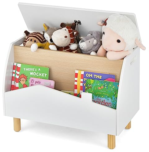 COSTWAY Spielzeugkiste Holz mit Regal, Spielzeugtruhe mit Deckel, Aufbewahrungstruhe Spielzeugbox für Kinderspielzeug, Spielzeug Aufbewahrung für Kinderzimmer, Spielzimmer, 60x30x44cm (Weiß) (Weiß)