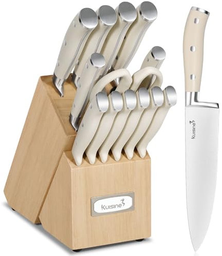 Kuisine Juego de cuchillos de chef, hoja ultra afilada de acero inoxidable con alto contenido de carbono, mango ergonómico, juego de cuchillos de cocina con afilador incorporado, regalo