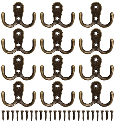 12 Pcs Heavy Duty Metal Hooks With 24 Screws for Door & Wall - Vintage Double Coat Hooks for Hanging Robe, Towel, Hat, Bag - Bedroom Bathroom Wall Hooks, Bronze