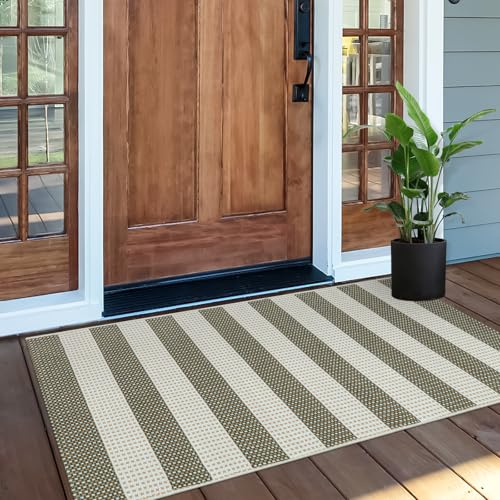 OJIA Striped Rug 24x51 Washable Front Door Mat Outdoor Doormat Woven Entry Rug Cotton Indoor Outdoor Rug Small Checkered Rugs for Porch Kitchen Entryway Patio Bathroom (Green/White/Tan)