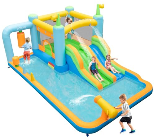 Maxmass Inflatable Bounce House, Kids Water Park with Dual Water Slides,Boxing Sandbag,Basketball Hoop, Jumping Area, Splash Pool, Water Cannon, Children Bouncy Castle for 3-10 Years Old