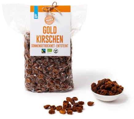 PAKKA - Bio Fairtrade Goldkirschen sonnengetrocknet 500g, wildgesammelte, ungeölte, ungesüsste, gelbe Kirschen direkt von Kleinbauern aus Samarkand, Usbekistan, vegan, 500g (1er Pack)