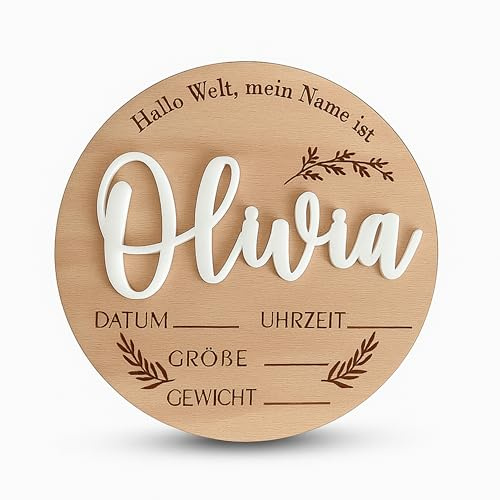 Personalisierte Hallo Welt Holzschild mit Name und gravierte Blätter, Meilenstein Hallo Welt aus Holz, Babygeschenk Geburt, Geburtsanzeige Baby-Ankündigung Schild, Geschenk zur Geburt (Design 4)