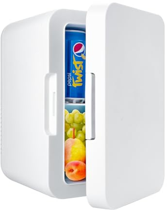 MUCOOS Mini Kühlschrank, 6 L / 8 Dosen kühlschrank Klein, Mini Kühlbox 220V AC/12V DC, Kühl/Heizfunktion, Kosmetik Kühlschrank, Auto Kühlschrank (Reinweiß)