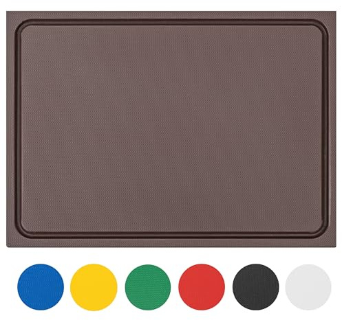 MUVELL Planche à découper en plastique PE-HD Marron, 60x40x2 cm, passe au lave-vaisselle, extra épaisse, n'abîme pas les couteaux bac à jus