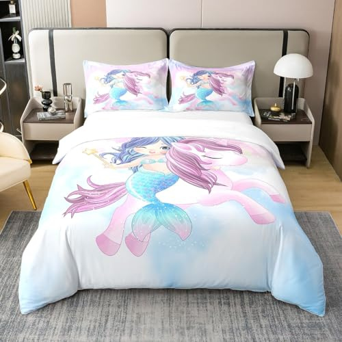 Loussiesd Meerjungfrau Einhorn Betten Set Karikatur Meerjungfrau Bettwäsche Set 135x200cm 100% Baumwolle für Kinder Jungen Mädchen Süßes Einhorn Bettbezug Set Tierwelt mit 1 Kissenbezug