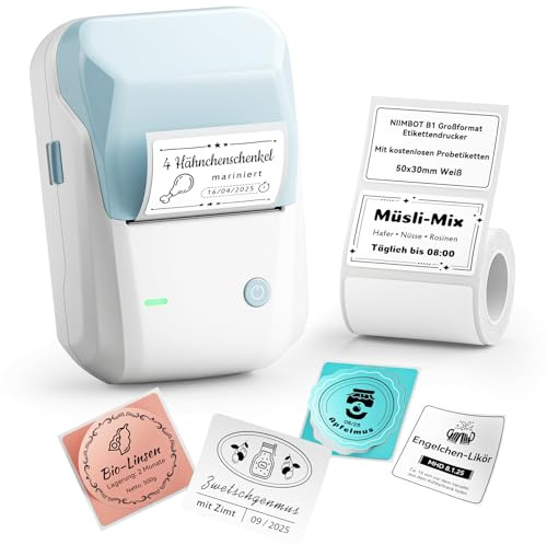 NIIMBOT B1 Etikettendrucker mit Wasserfeste Etiketten, Blau | Tragbarer Beschriftungsgerät Bluetooth Label Printer Aufkleber Drucker für Schulbedarf, Barcode, Logo, Adresse