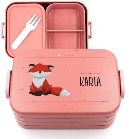 Muckelmeister Take a Break personalisierte Brotdose für Mepal - Geschenke für die Einschulung Mädchen und Junge - Brotdose für Kinder personalisiert - Bento Box mit Trennwänden + Gabel - 900 ml
