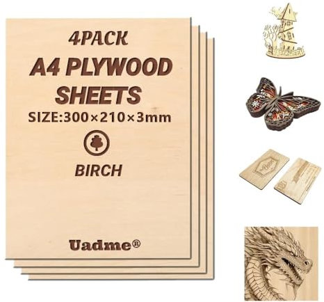 Uadme Compensato Incisione, Compensato di Betulla A4, 4 Pezzi 3mm Fogli di Legno Sottili, per Bricolage Pirografia Traforo Laser, 297 mm x 215 mm x 3 mm