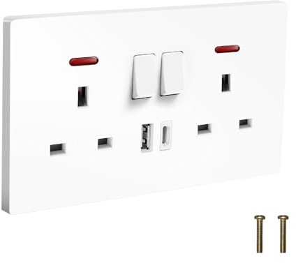 EINNO Wall Electrical Outlets with Power Indicator - Double Socket with USB C and USB A, 13 Amp White
