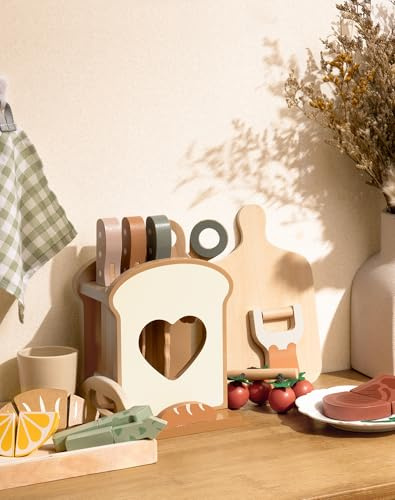 ROBOTIME Accessori da cucina per bambini – Set da gioco Mocha con portacoltelli, cibo realistico da tagliare e accessori, Giocattolo educativo Montessori, Regalo per piccoli chef 3+
