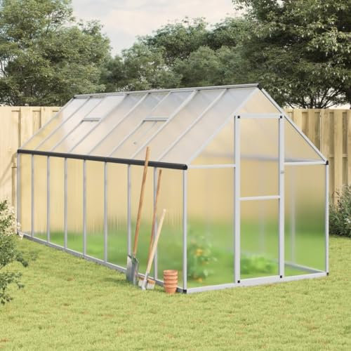 IKAYAA Gewächshaus mit Fundamentrahmen Gewächshaus Winterfest Gewächshaus Aluminium Treibhaus Gartenhaus Winterfest Aufzucht Tomatenhaus Frühbeet und Pflanzenhaus Alu-Silber-445 x 169 x 195 cm