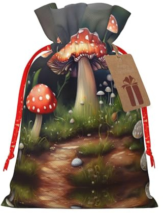 HJLUUFT Jutebeutel mit Malerei-Pilz-Druck, Weihnachtsgeschenktüte mit Kordelzug und Geschenkanhänger, Hochzeit, Weihnachten, Partygeschenk