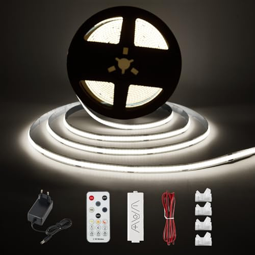 Enteenly COB LED Strip Weiß 3 Meter, Unterbauleuchte Lichtleiste Küche Unter Kabinett LED Licht Kit mit RF Fernbedienung für Vitrine, Küche, Schreibtisch, Regal, Schrank, mit 24V EU Adapter, 6500K