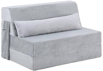SESHINELL Folding Sofa Bed with Pillow, 4-in-1 Floor Couch Sleeper Chair, Fold Out Guest Mattress Chair Bed with Side Pocket, Boneless Couch for Living Room, Dorm, Home Office, 97X200X15.5CM, Grey