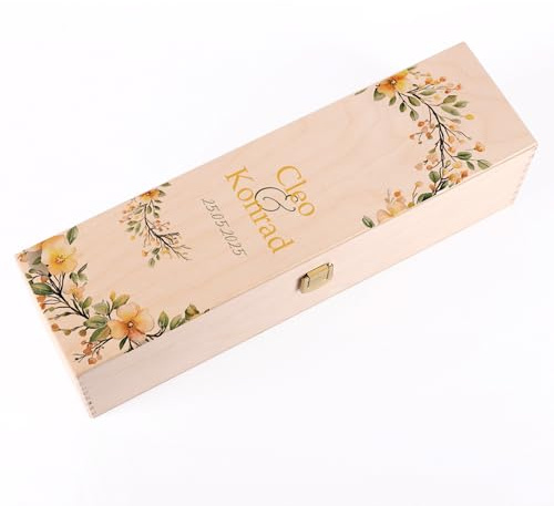 Herz & Heim® Personalisierte Holz-Weinbox – Hochzeitsgeschenk mit Namen & Datum – Edle Geschenkbox aus Holz für Weinflaschen – Bedruckte Weinkiste zur Hochzeit & Jubiläum (Petunien)