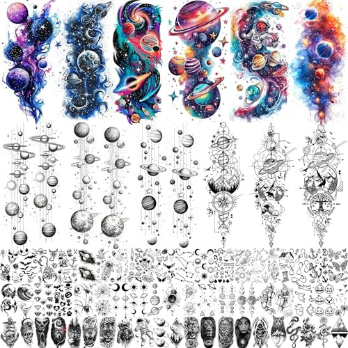 70 Sheets Watercolor Planets Galaxy Temporary Tattoos For Women Men Kids Boys Girls, 3D Star Universe Solar System Half Arm Sleeve Tattoos For Adult, Bulk Temp Forearm Fake Tattoo Sticker Outer Space
