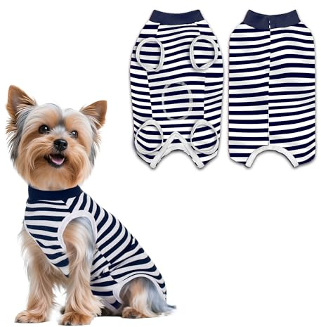 PawSailor Combinaison de récupération Chien Femelle Mâle Bleu Marine S | Rayé Combinaison Médicale Chien Coton Doux Gilet Récupération Chirurgicale Chiot, Vêtement Opératoire, Protection des Plaies