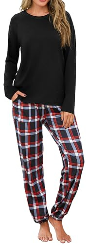 Uniexcosm Ensemble Pyjama Femme à Carreaux Manches Longues | Haut uni à manches longues et pantalon à carreaux avec poches, doux et respirant pour dormir ou se détendre.