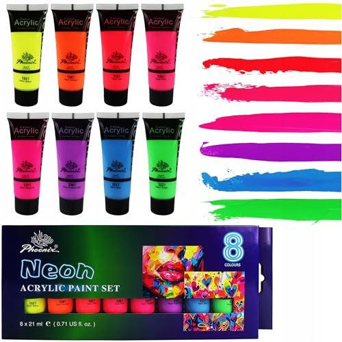 Acrylfarben Set Neon 8x21 ml – Leuchtende Farben für Papier, Leinwand, Holz & mehr – Phoenix Künstlerfarben Neon Gelb, Pink, Orange, Blau, Grün – Für Anfänger, Erwachsene & Hobby-Maler, DIY