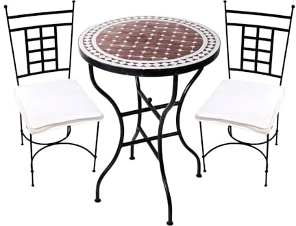 Bistro 3er Set Marrakesch Bordeaux Weiß 60cm Athen | mediterraner Mosaiktisch mit 2 Stühlen | handgefertigtes Balkon- & Gartenset | marokkanische Mosaikmöbel aus Schmiedeeisen