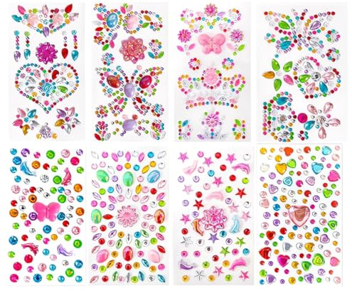 JYNXOR 8 Hojas Piedras Brillantes Autoadhesivas, Diamantes para Manualidades en Varias Formas,Pegatinas Cara Brillantes,Hojas Pegatinas Diamantes Imitación para Manualidades/Uñas/Decoración/Bisutería