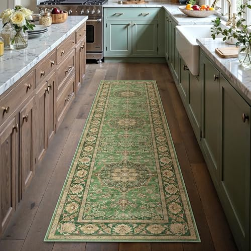 PureCozy Alfombra de pasillo para pasillo, 60 x 240 cm de largo, vintage, lavable, antideslizante, con estampado de medallón oriental, alfombra verde y dorada para salón, dormitorio, cocina, mesita de