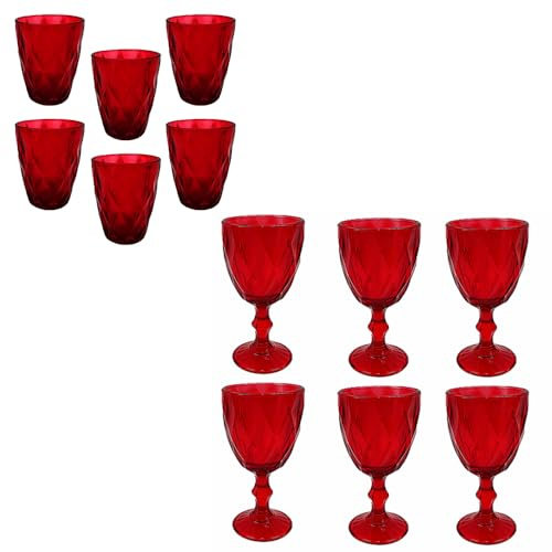Set 12 Bicchieri Rossi 6 Calici da Vino con Piede 6 Bicchieri da Acqua in Vetro per la Tavola Natalizia Effetto Diamante Eleganti per le Feste di natale e Occasioni Speciali