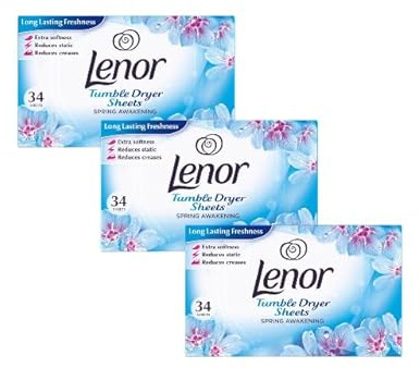 Lenor 3 Pack Fabric Conditioner Dryer Sheets SPRING AWAKENING 34 Sheets Each | Long-Lasting Fresh Floral Scent | Reduces Static Cling | Softens Fabrics | Tumble Dryer Freshness Booster