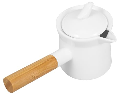 NUOBESTY Mini Casserole Céramique avec Poignée Bois Petite Casserole Bec Verseur Pot Céramique pour Chauffage Sauce Lait et Chocolat Ustensile de Cuisine Essentiel