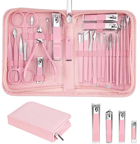 Nail Clippers Set, 26 Piece Manicure Set & Pedicure Kit, Stainless Steel Fingernail & Toenail Clipper Cutters, Professional Nail Care Tools with Luxurious Travel Case for Men and Women, Pink