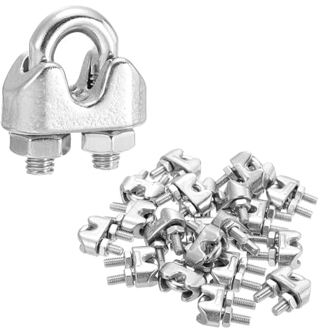 sourcing map 24 abrazaderas de clip de cable de cuerda de alambre de 1/8 pulgadas M3 pequeñas 304 de acero inoxidable 304 para aparejos seguros, tendedero, color plateado
