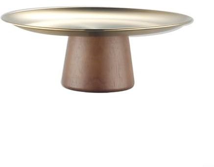 Besttoolifes Plateau à gâteau en acier inoxydable avec base en bois – Plateau de présentation de fruits de style coréen et support de service pour la maison et la cuisine (doré, 23 cm)