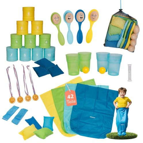 alldoro XXL-Kinder-Partyspiele-Set, Sackhüpfen & Dosenwerfen, Eierlauf | Kindergeburtstags-Spiele, 6 Outdoor-Spiele für Geburtstage, Gartenspiele mit Eierlauf, für Kinder ab 3 Jahren