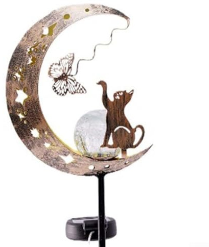 Lampe solaire de jardin en forme de lune en forme de chat, marche/arrêt automatique, lampe décorative d'extérieur pour allée, parterre de fleurs, terrasse, silhouette en métal en fer