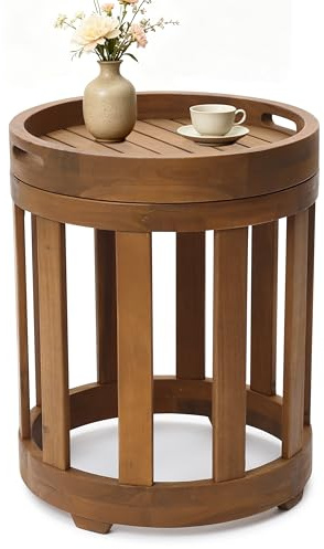 Hometopia Runder Beistelltisch aus massivem Akazienholz Ø 46cm | Kleiner Couchtisch mit abnehmbarem Serviertablett - Naturholz-Tisch im Landhausstil für Wohnzimmer, Schlafzimmer & Balkon