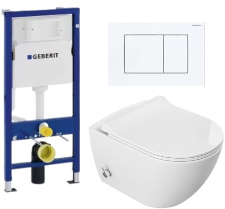 Wall-Hung WC con bidet e miscelatore integrato (caldo / freddo), telaio base Duofix, sedile sottile morbido e pulsante a flusso bianco - Set completo da bagno