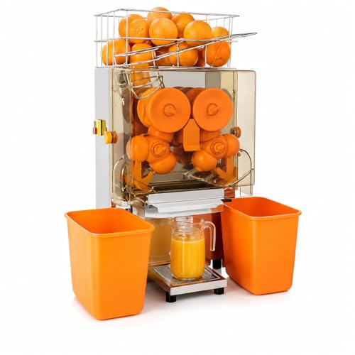 MAGIC SELECT Exprimidor de Naranjas Automático Profesional Hostelería | Máquina de Zumo Industrial, 120W, 20 Naranjas/min, Acero Inoxidable y Doble Cubo, Para Bar y Restaurante