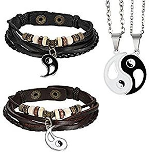 JewelryWe Collares para Parejas, Pulseras para Parejas, Collar y Pulsera con Diseño de Yin Yang Tai Chi para Hombre y Mujer de Piel, Acero Inoxidable