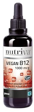 NUTRIVA Vegan B12 1000 mcg - Vitamina B12 Cianocobalamina in Gocce 30 ml, Integratore Alimentare per Anemia, Cicolazione, Sistema Immunitario e Nervoso, Adatto ai Vegani