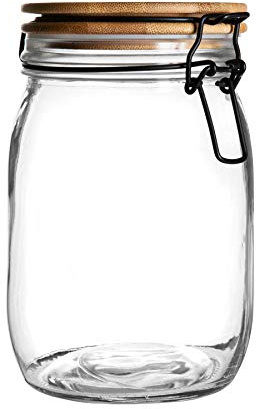 Argon Tableware Glass Storage Jar with Airtight Wooden Clip Lid - 1000ml - 1 Pack - Kitchen Container Round Preserving Jar for Pickling, Chutney, Jam, Coffee, Oats