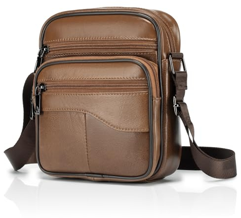 SPAHER Umhängetasche Herren Klein, Schultertasche Leder Vintage Braun Herrentasche zum Umhängen Ledertasche für Arbeit, Reise, Alltagsleben