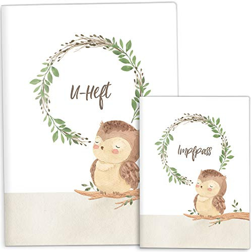 OLGS Personalisiertes U-Heft und Impfpasshüllen Set | Cute Forest Eule, Schutzhüllen für Untersuchungsheft und Impfpass | Babygeschenk - ohne Personalisierung