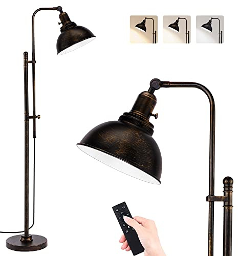 PARTPHONER Industrial Floor Lamp Adjustable, Rustic Farmhouse Reading Lamp in Aged Black Finish, Modern Standing Lamp with Remote Control Metal Shade for Living Room Bedroom Study Room Office Hotel