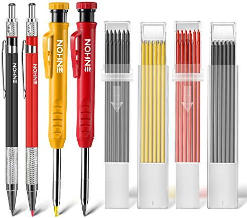 Enhon 4 Pcs Mechanical Carpenter Pencils with 40 Refills and Mental Marking Scribe Tools, Solid Deep Hole Woodworking Pencils Marker Marking Tools with Built in Sharpener(Black, Red, Yellow)