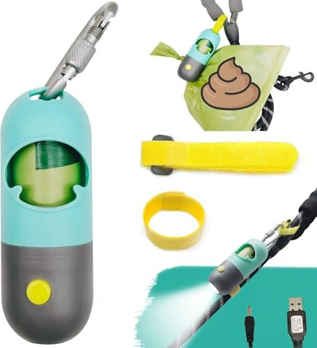 SHAOUMAN porta sacchetti per cani con torcia a LED integrata e fibbia catena per cani include 15 comodi sacchetti della spazzatura, cavo USB e fibbia in metallo D-ring (1 Holder 15 Bags,Verde)