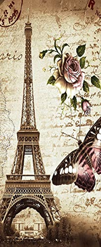 A.Monamour Türtapete Selbstklebend Türfolie Türposter 3D Vintager Schmutzhintergrund Mit Paris Eiffelturm Rosen Schmetterlings Muster Vinyl Folie Tapete Wandbild Türaufkleber Türtattoo 90x200cm