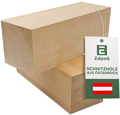 Edpas Schnitzholz Zirbenholz - 2er Set Holzblock (20x7x7cm) - Großes Schnitzholz Zirbel Rohlinge - Naturbelassenes Holz zum Schnitzen für Kinder - Drechselholz aus Zirbe